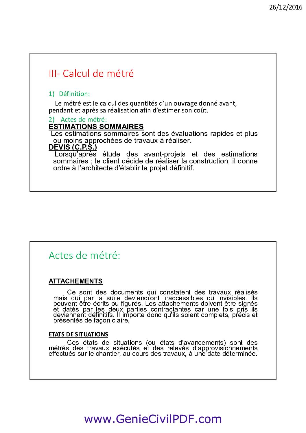 Cours calcul métré batiment avec exercices d’application