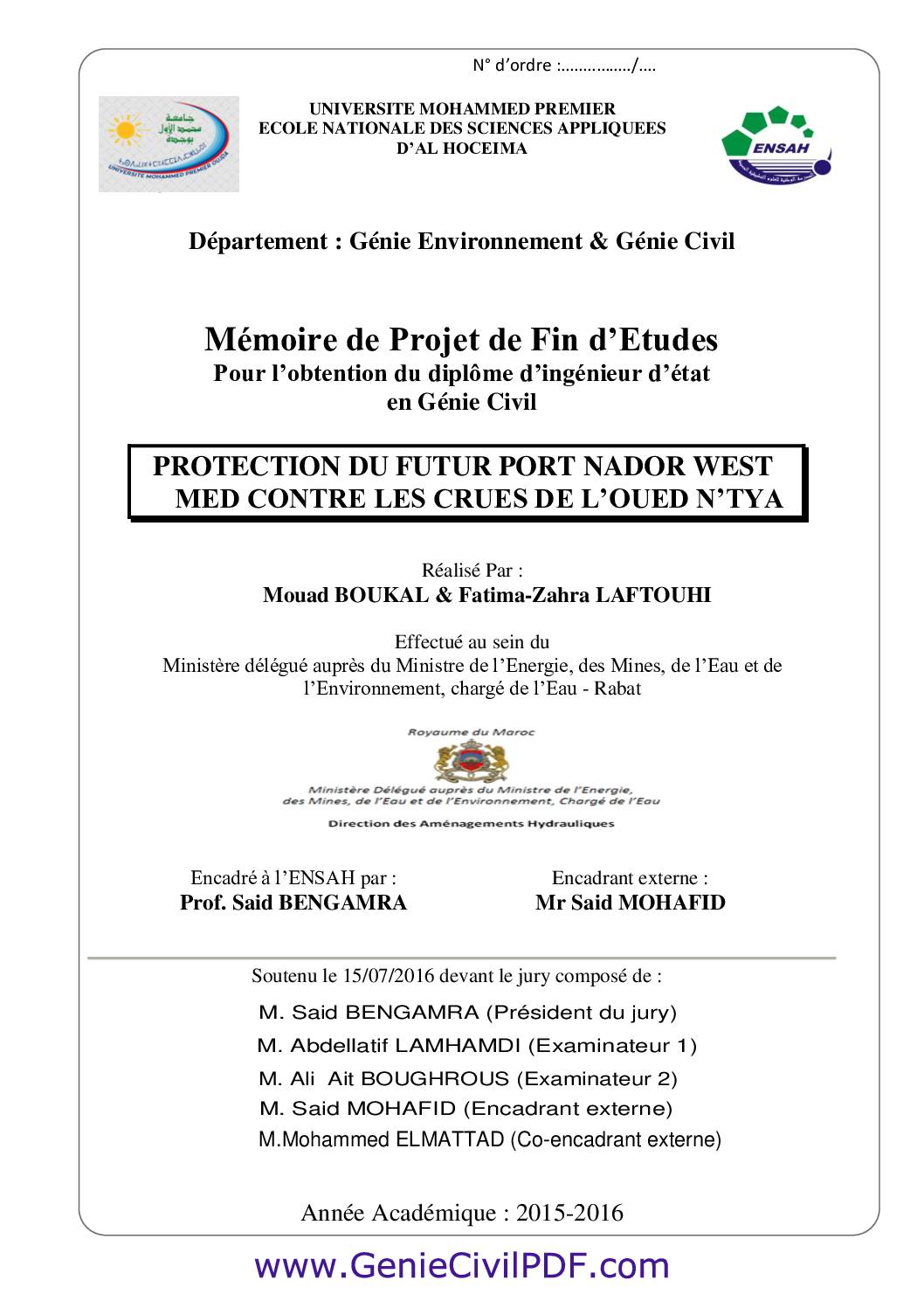 PROTECTION DU FUTUR PORT NADOR WEST MED CONTRE LES CRUES DE L’OUED N’TYA