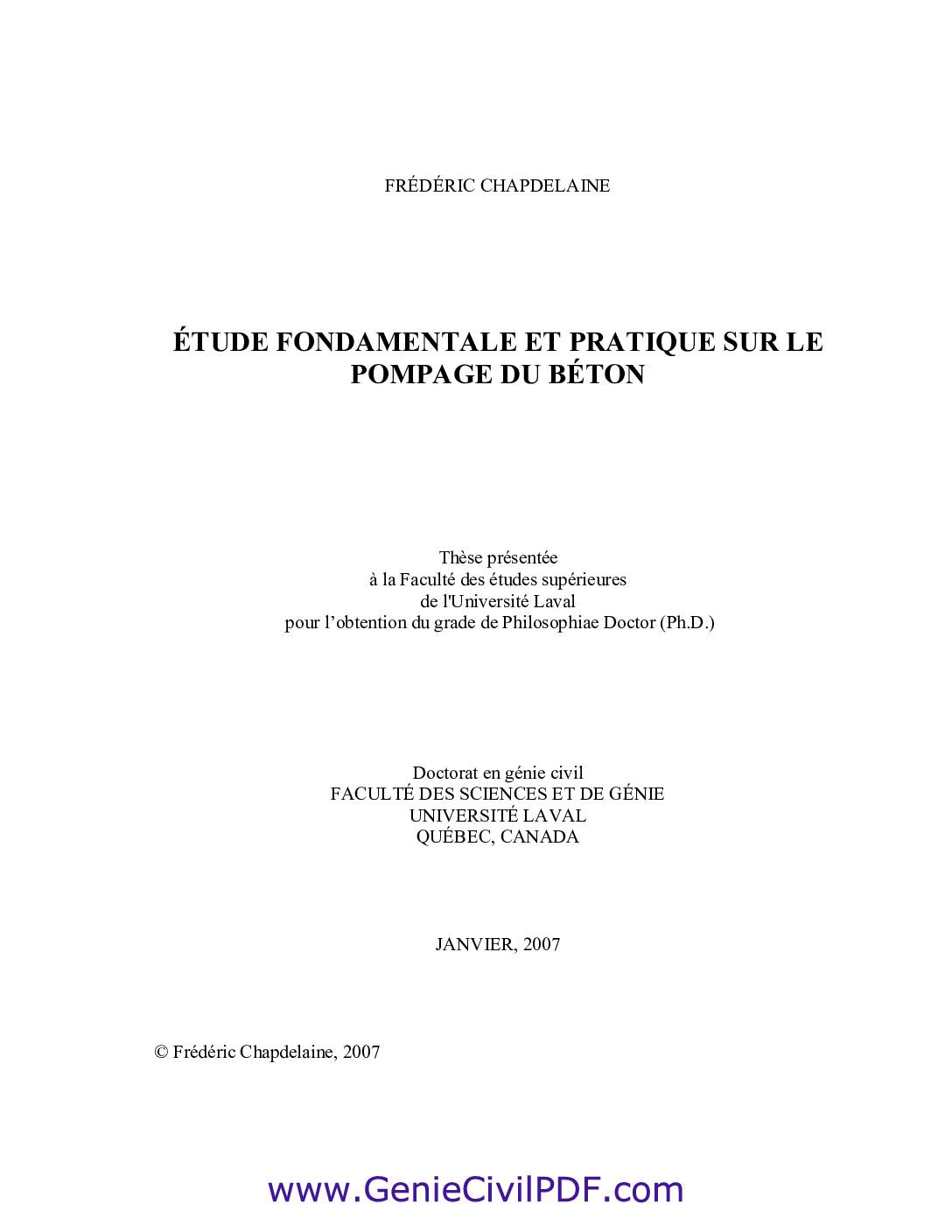 &Eacute;tude sur pompage du b&eacute;ton