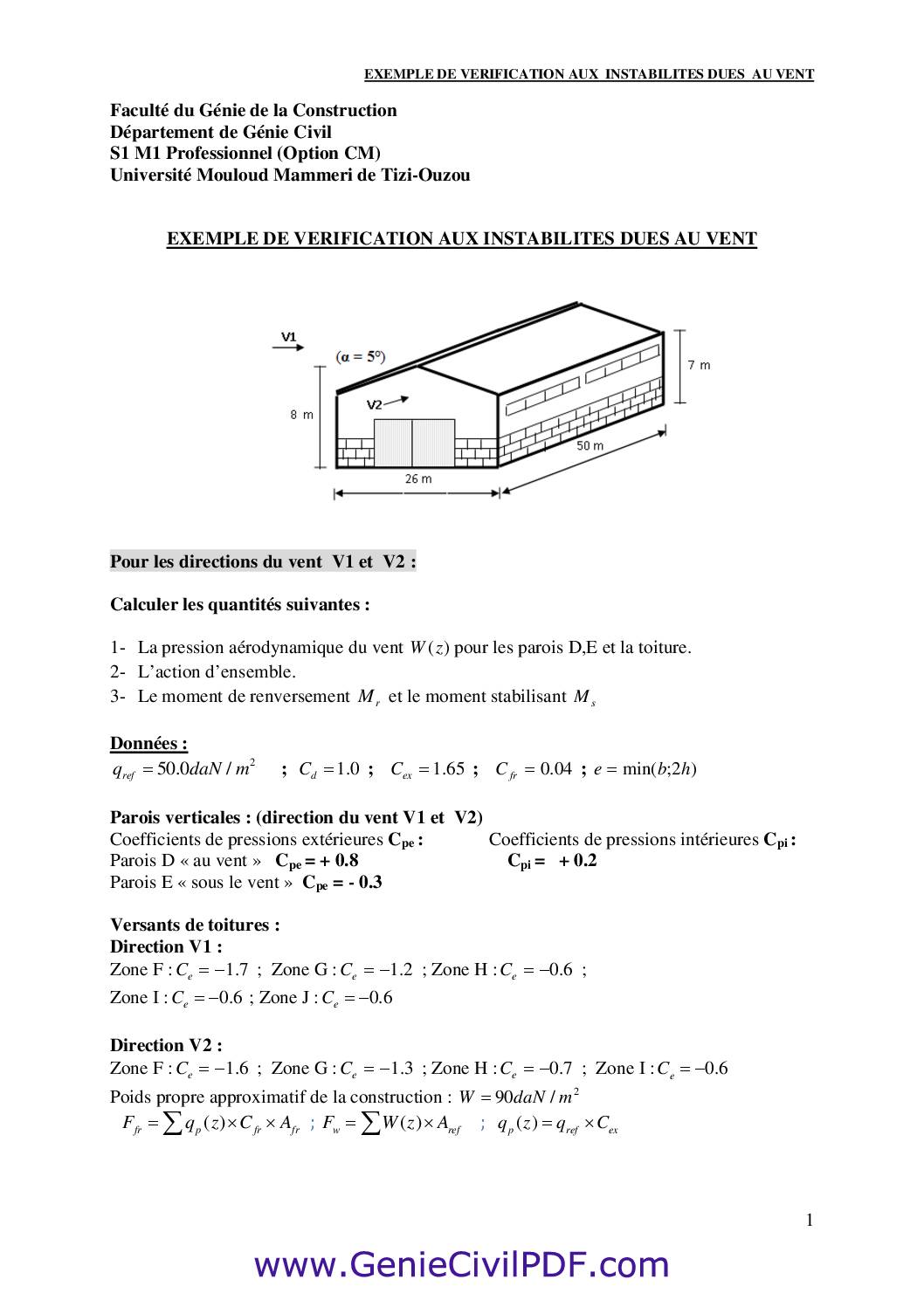 Exemple de v&eacute;rification aux instabilit&eacute;s dues au vent