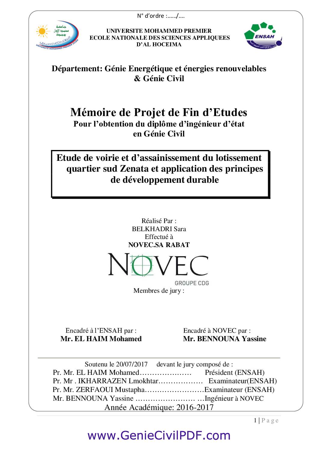 Etude de voirie et d’assainissement du lotissement quartier sud Zenata