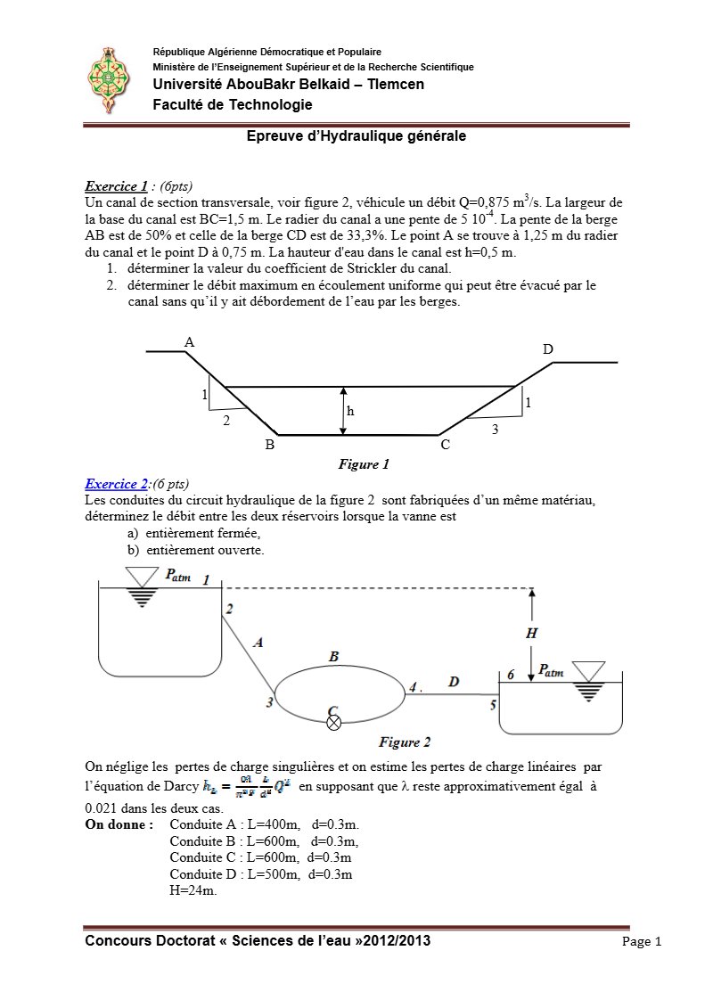Concours en sciences de l’eau : épreuves d’hydraulique et d’hydrologie corrigées (PDF)
