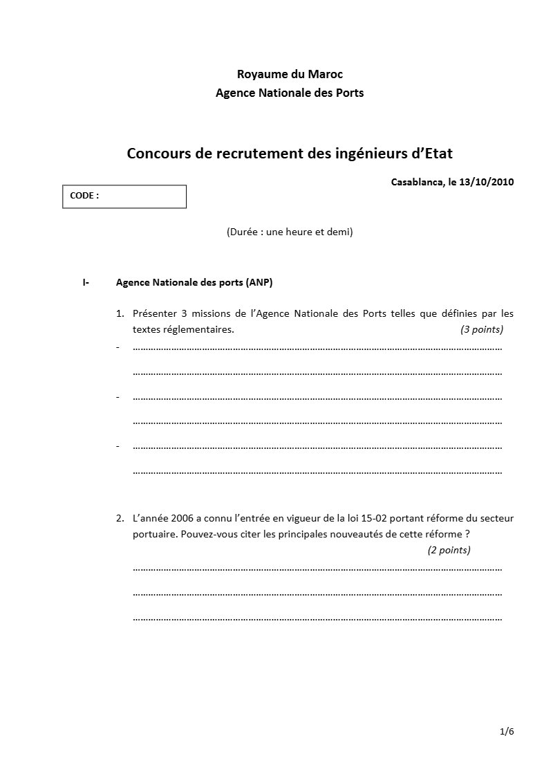 Concours de recrutement d’ingénieurs génie civil : sujet sur les ports et les travaux maritimes (PDF)