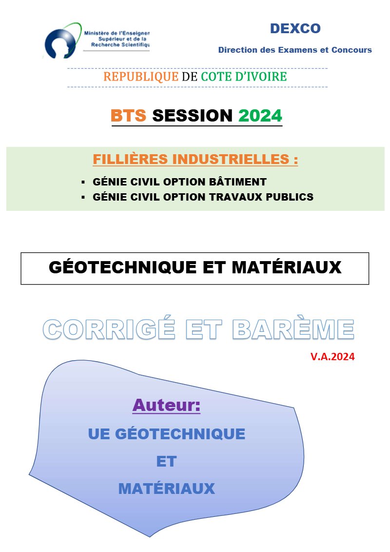 Corrigé du BTS 2024 Géotechnique et matériaux : génie civil bâtiment et travaux publics (PDF)