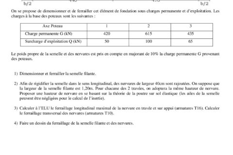 Semelle filante sous trois poteaux : exercice corrigé en PDF