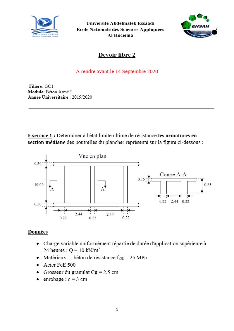Devoir de béton armé : poutrelles de plancher et poteau en compression centrée (PDF)