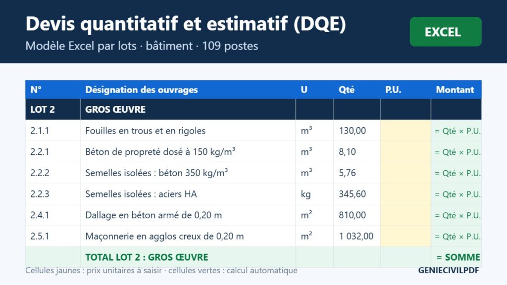 Devis quantitatif et estimatif (DQE) d’un bâtiment sur Excel : modèle par lots et mode d’emploi