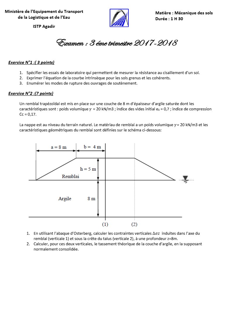 Examen de mécanique des sols : tassement sous remblai et poussée sur un mur de soutènement (PDF)