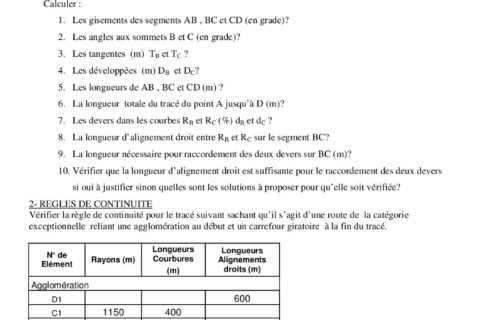Exercice corrigé de tracé en plan : gisements, angles aux sommets, tangentes et dévers (PDF)