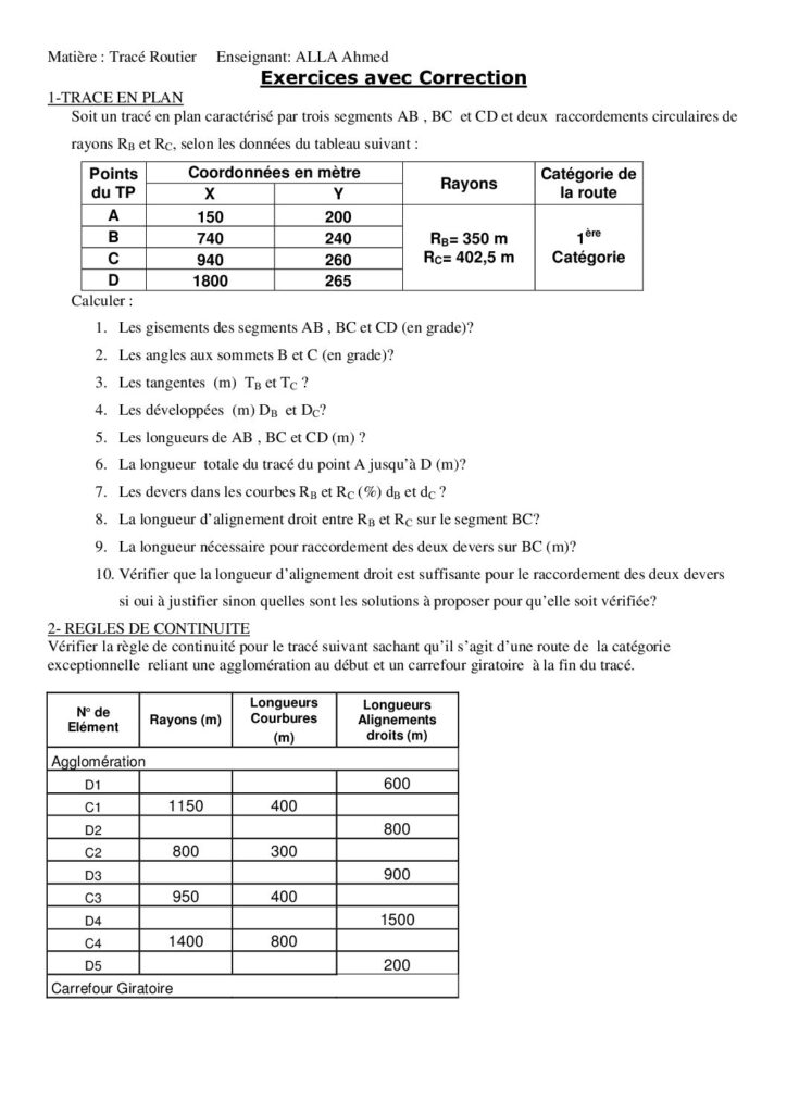 Exercice corrigé de tracé en plan : gisements, angles aux sommets, tangentes et dévers (PDF)