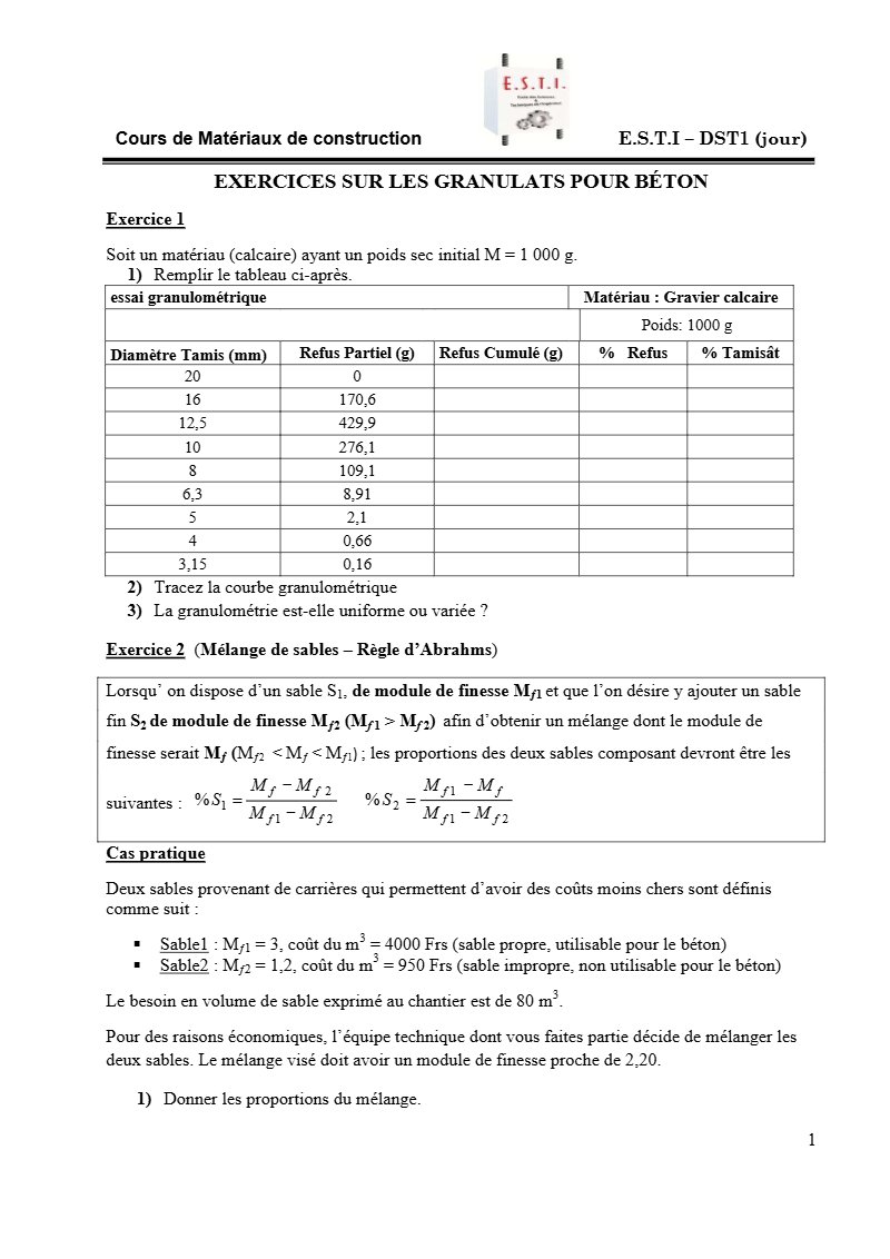 Exercices sur les granulats pour béton : analyse granulométrique et mélange de sables (PDF)