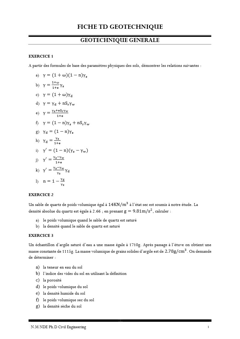 Fiche de TD de géotechnique générale : relations entre paramètres physiques des sols (PDF)