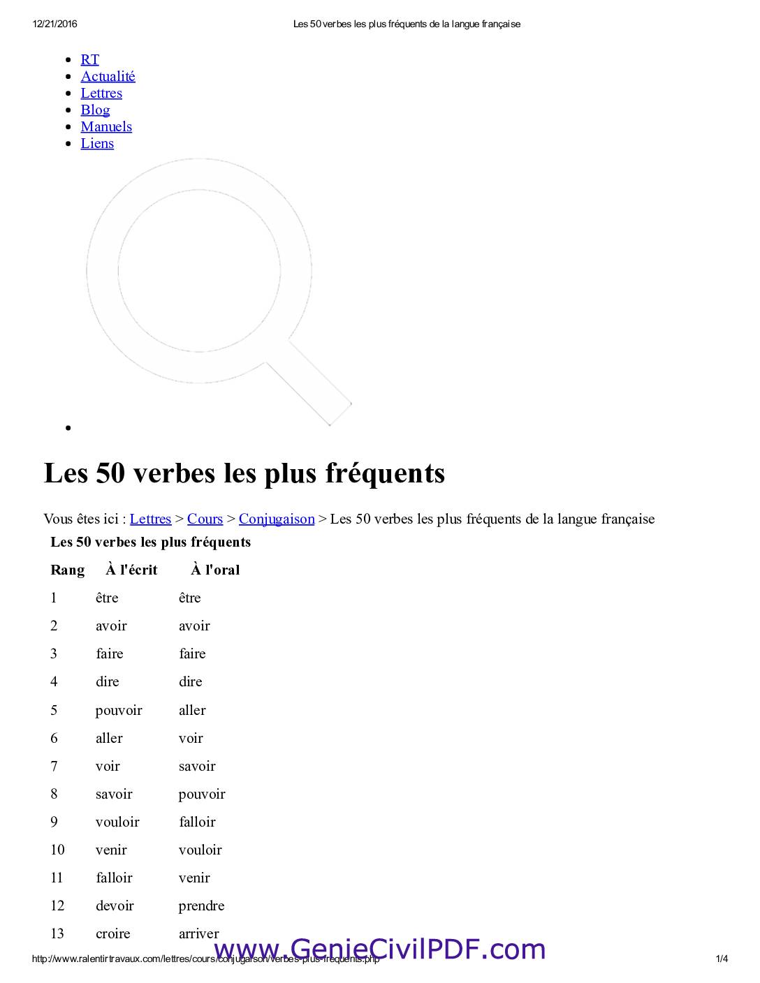 Les 50 Verbes Les Plus Fréquents de La Langue Française