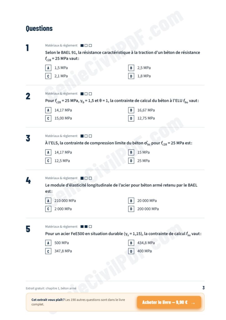 200 QCM en génie civil – Questions 1 à 5