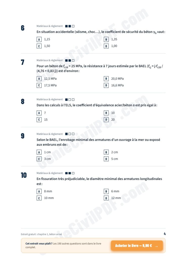 200 QCM en génie civil – Questions 6 à 10