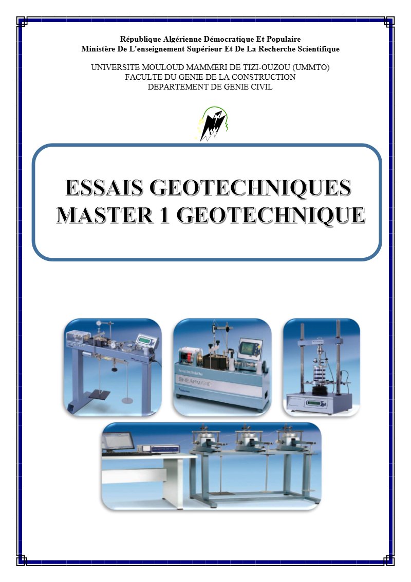 Polycopié des essais géotechniques de laboratoire : granulométrie, CBR, œdomètre, cisaillement (PDF)