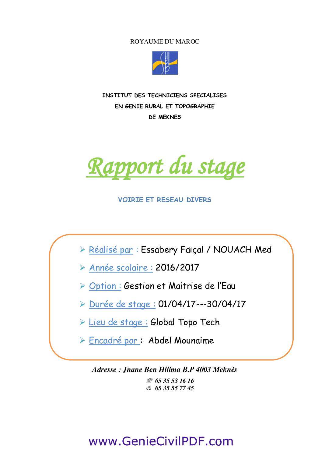 [PDF] Rapport de Stage Assainissement  Genie Civil PDF