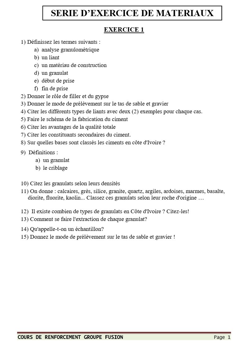 Série d’exercices de matériaux de construction : liants, granulats, agglos et béton (PDF)