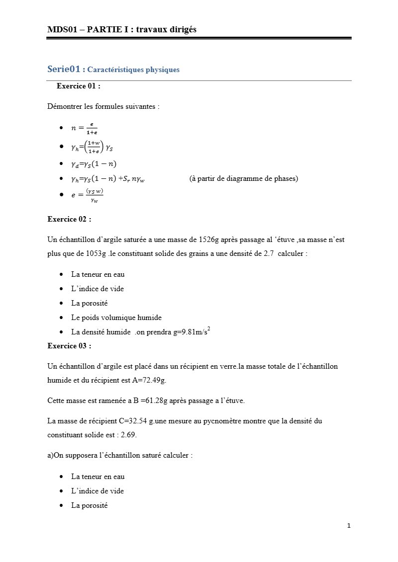 Séries de TD 1 et 2 de mécanique des sols avec corrections : caractéristiques physiques (PDF)