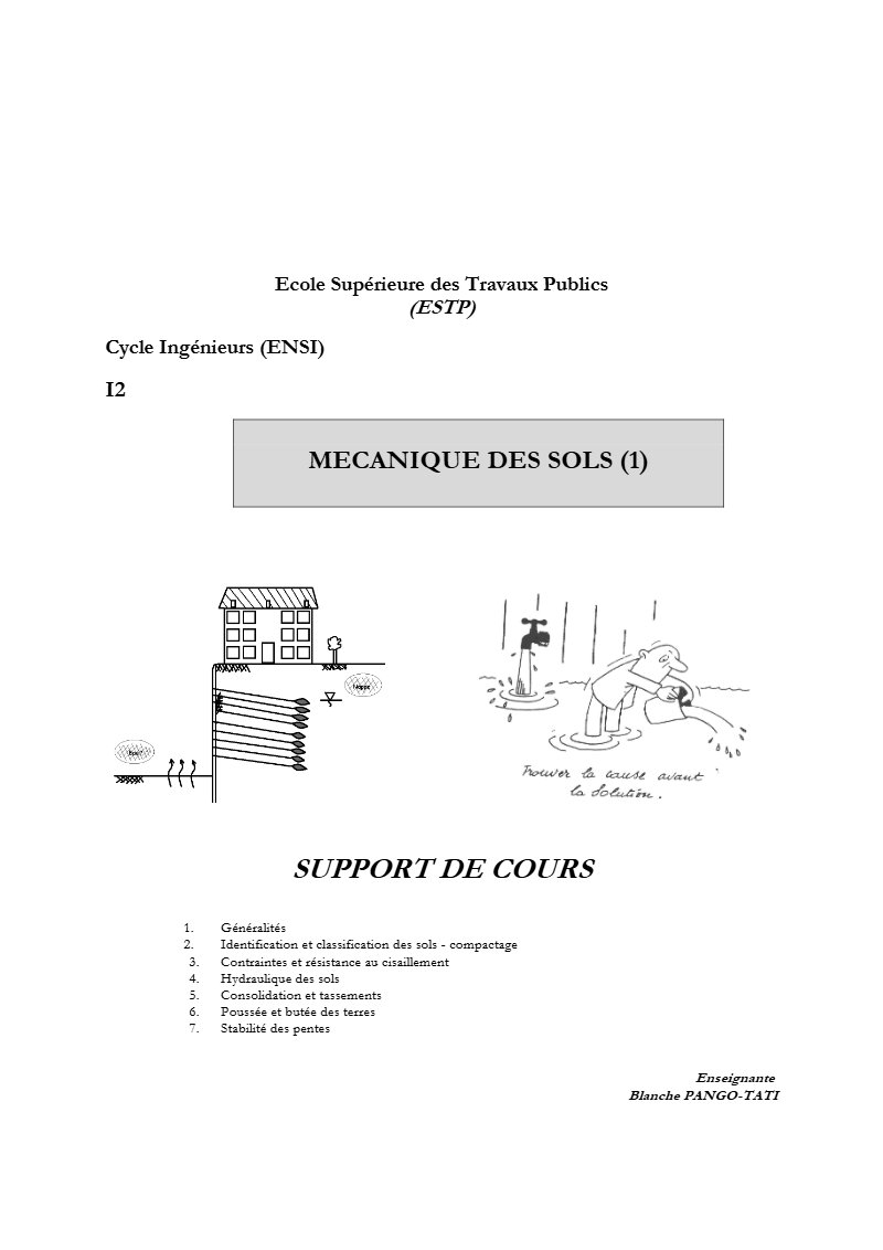 Mécanique des sols (cycle ingénieur) : support de cours en 7 chapitres, de l’identification à la stabilité des pentes