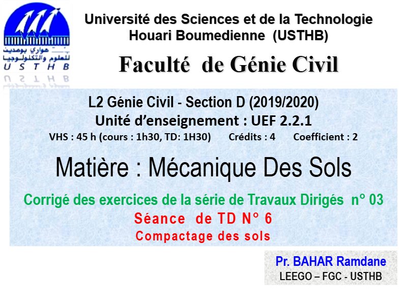 TD corrigé de compactage des sols : courbe Proctor, teneur en eau optimale et remblais (PDF)