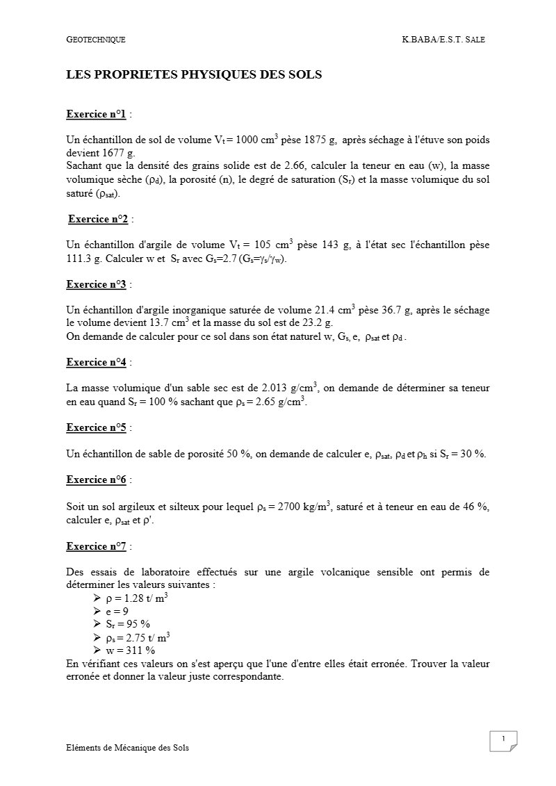 TD de géotechnique avec éléments de correction : propriétés physiques des sols (PDF)